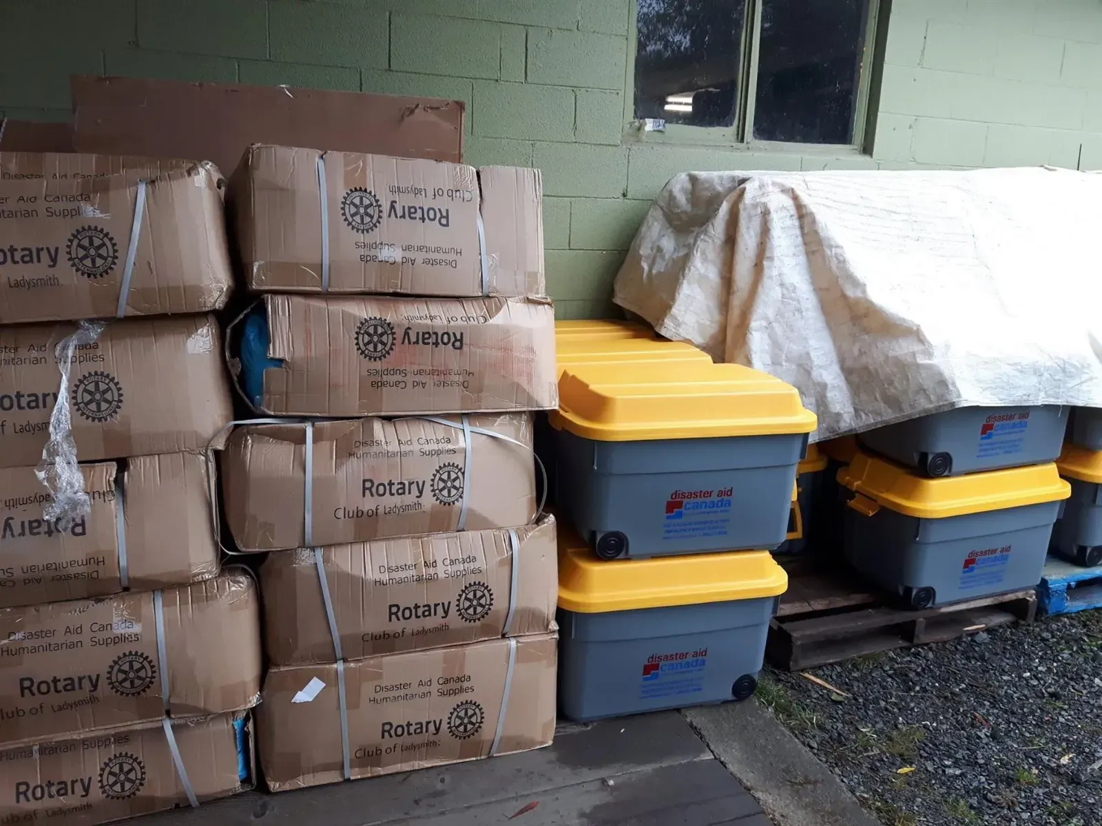 Disaster Aid boxes and tents packed for shipping